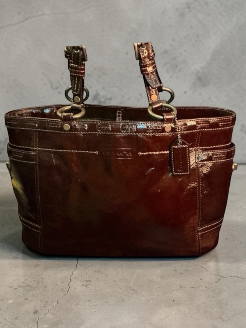 Coach Tribeca Patent Leather Tote Brown East West Shoulder Bag - Picture 1 of 13